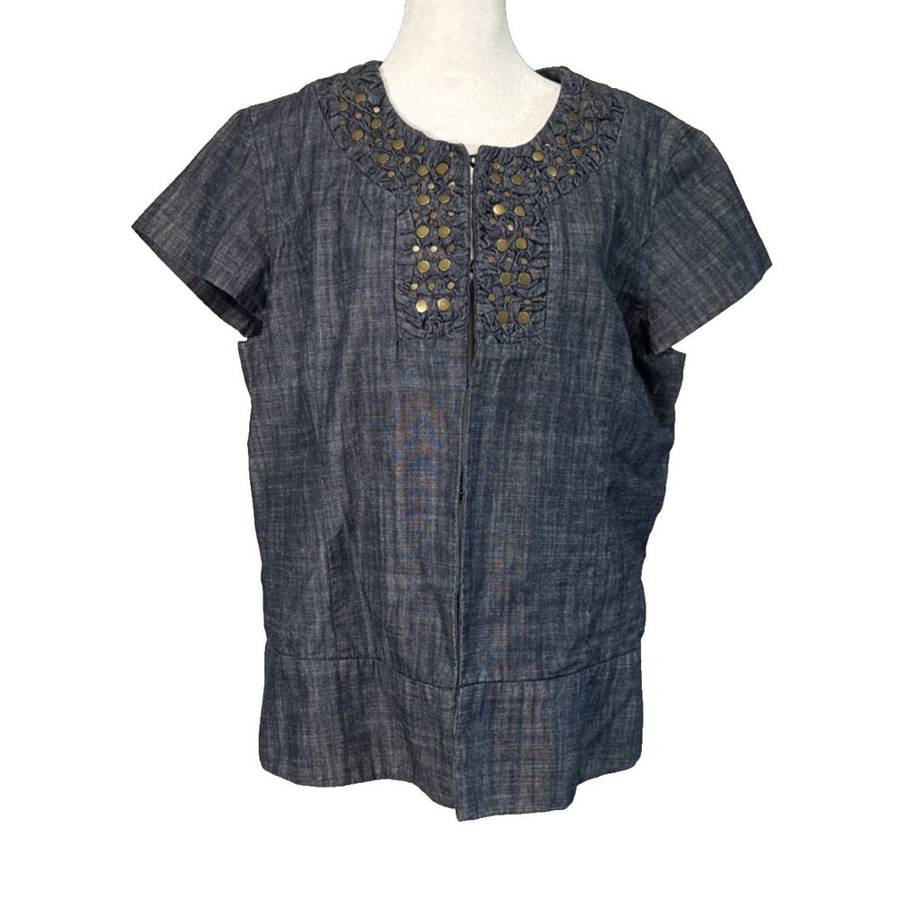 Coldwater Creek Sz16 Jacket Chambray Short Sleeve Hook Clasp Studded Y2K Western